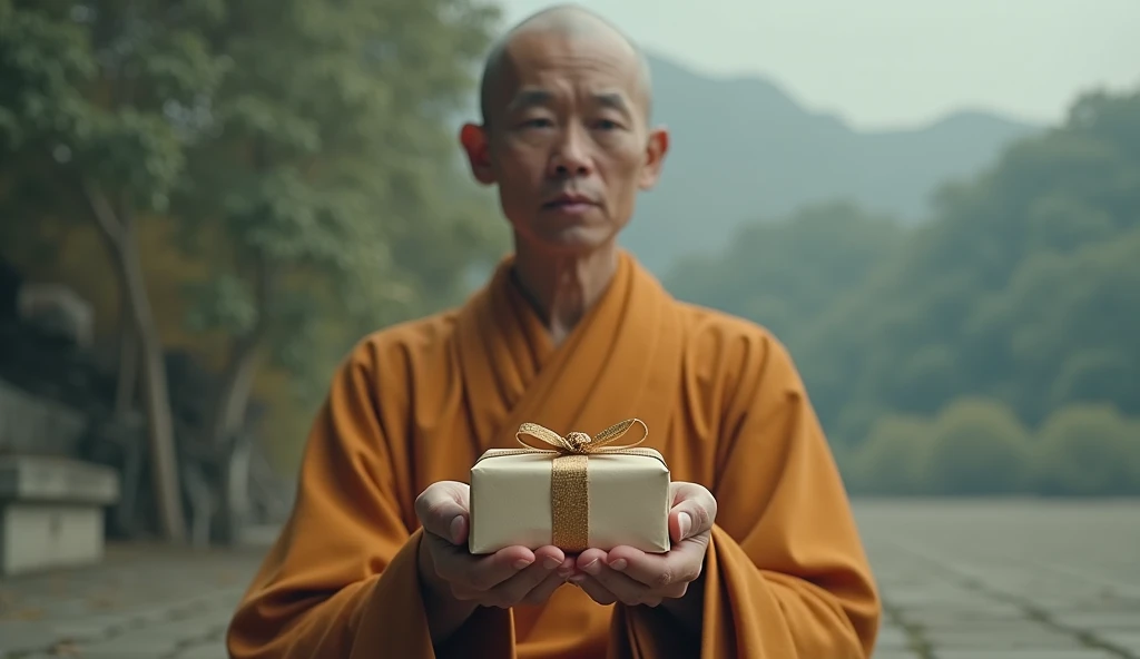 As the buddhist monk begins to speak, the scene transitions into a symbolic representation of his wisdom. The monk uses a simple analogy to explain how anger is like a gift: if you do not accept it, it remains with the giver. As he speaks, the screen shows...