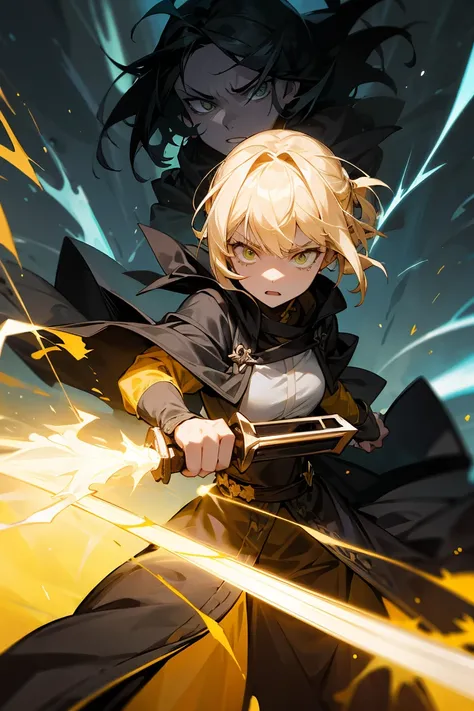 A fierce DnD-inspired woman with an appearance similar to Zenitsu Agatsuma from Demon Slayer. She has short, messy blond hair with lightning-like streaks, and her expression alternates between fear and intense focus. She wears a yellow and black patterned ...