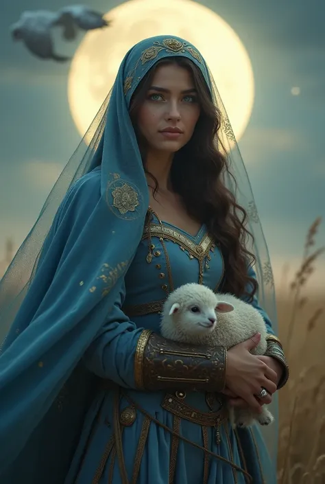 Create a hyperrealistic and highly detailed image, following golden composition. The setting is a vast medieval battlefield, with the full moon in the background. There is a gentle breeze that delicately moves the protagonist&#39;s veil and hair.. Lighting...