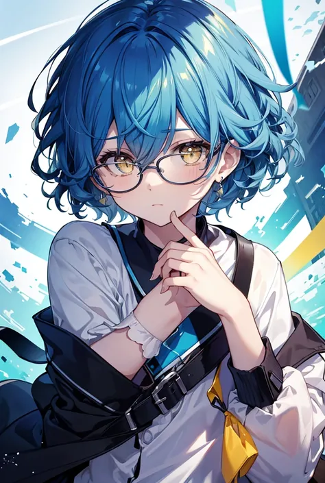 solo, Glasses,Curly hair,Short Hair,Blue Hair,male,Yellow Eyes,Drooping eyes