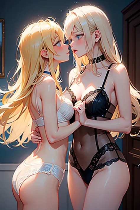 Two women, blondes, fringe, blush, thin, lingerie, blue eyes, sexy, A woman, chestnut, lingerie, choker, Tanya, kiss 