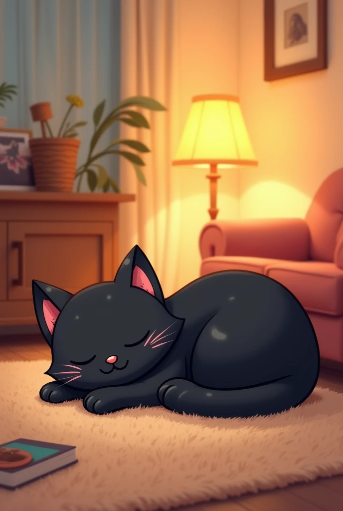 A black cartoon cat lies curled up sleeping in the corner of the house.