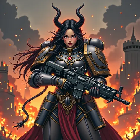 A beautiful girl in Chaos Space Marine armour holds a heavy bolter in front of a burning fortress., burning eyes, crazy smile, hellhound ears and tail, high quality, high detail, anime