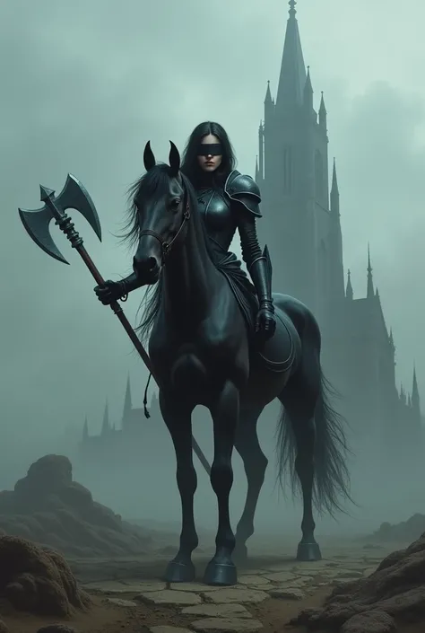 A desolate wasteland, a thick dark fog and a black cathedral in the background, A female centaur, black armor, black fur, blindfolded, a silver axe in his hand