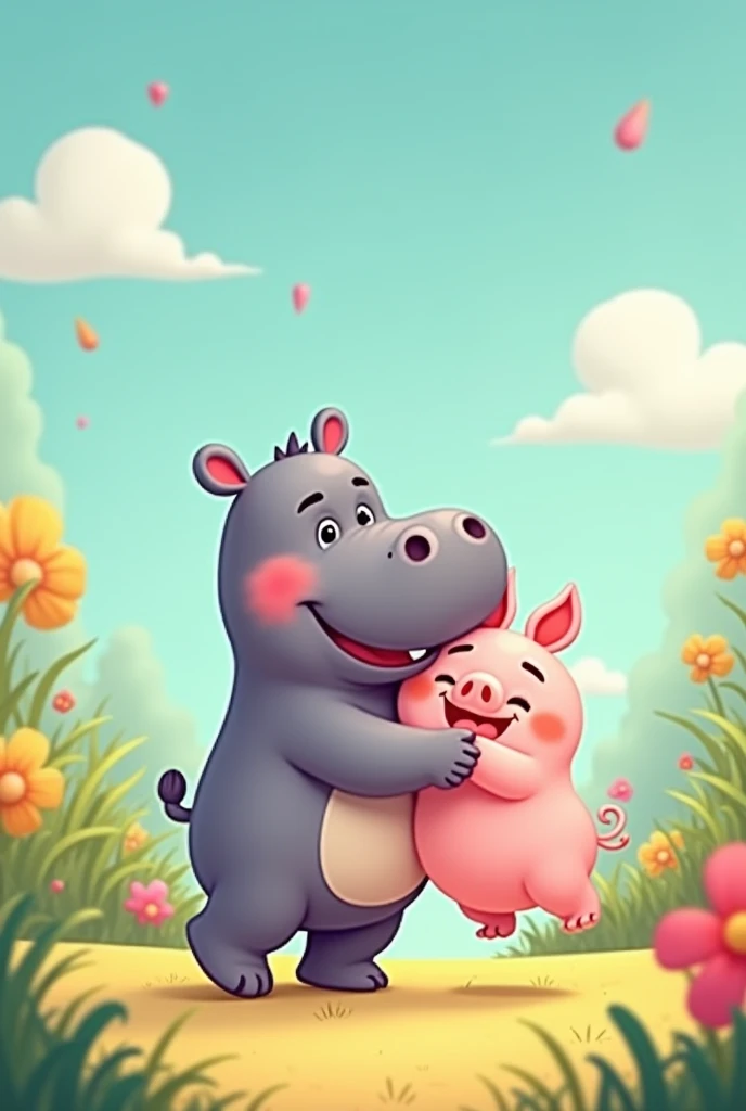 Make a cartoon image of a hippo and a bouncy pig that are currently popular. 