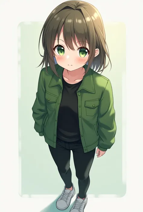 Anime cute  and beautifulgirl green eyes black t shirt with green jacket black pant white sneakers 