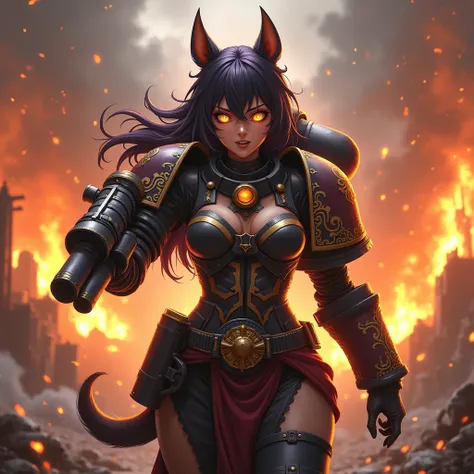 A beautiful girl in Chaos Space Marine armour holds a heavy bolter in front of a burning fortress., burning eyes, crazy fanged smile, hellhound ears and tail, tousled hair, high quality, high detail, anime