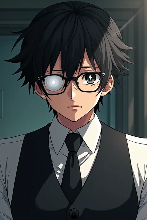 A 2 muscular anime man, black hair and glasses. Tired look with dark circles, a scar on the right eye. Black eye color with one round white pupil and another star-shaped white pupil. elegant dress with vest and tie facing forward 