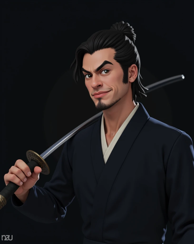 Handsome Samurai Guy, with a smirk on his face. in a fighting pose, With a katana in hand