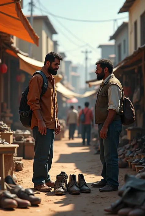 Creat a realistic landscape image where 2 selling second hand shoes in Market place  and there face is in front side 
