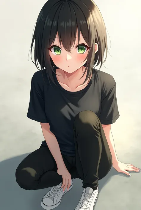 Anime cute  and beautiful girl green eyes black t shirt  black tight   white sneakers 