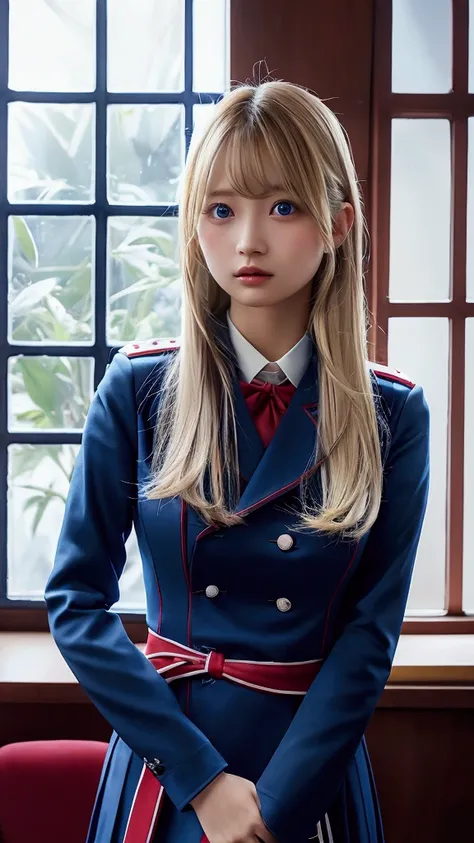 Long, straight blonde, Blue and red uniform, Tilt your head slightly, Indoor setting with light coming in through a window, Bright and warm atmosphere.stand、upright posture,