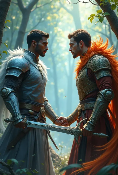 two mens, on the other side, a black skinned one, shorth hair, armor of frost and the other skin white, brown hair, blue eye, with phoenix armor, the two holding swords in an enchanted forest
