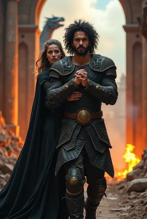 (male warrior, curly hairstyle, black hair, goatee), (in a magnificent black armor with golden decorations), being carried on hands (like a bride over the doorstep) of a muscular princess, in the background a dragon laughs his head off, burning ruins (in t...