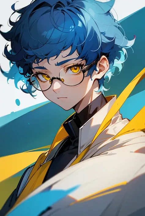 solo, Glasses,Curly hair,Short Hair,Blue Hair,male,Yellow Eyes,Drooping eyes,One Boy,Character portrait, 