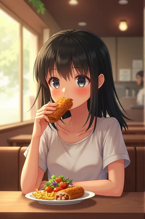 A person eating chicken roll 