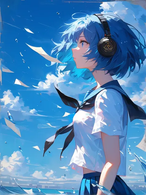 masterpiece,Impasto,One girl,alone,Headphones,short hair,skirt,school uniform,blue skirt,Sailor collar,Seraphim,null,[Blue Hair,neckerchief,Short sleeves,blue eyes,white shirt,shirt,Water Drop,cloud,blue Sailor collar,pleated skirt,From the side,paper,blac...