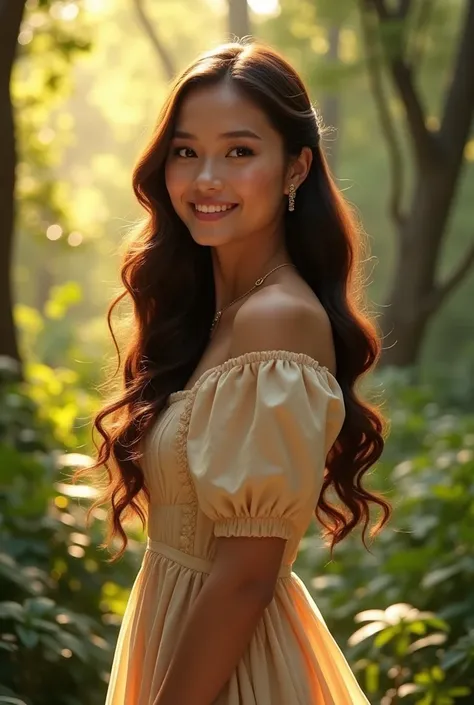 A filipina woman with fair skin, wearing classy dress in puff sleeves, with long brown hair in big curls, smiling towards the camera, the background should be forest, realistic, in warm colors