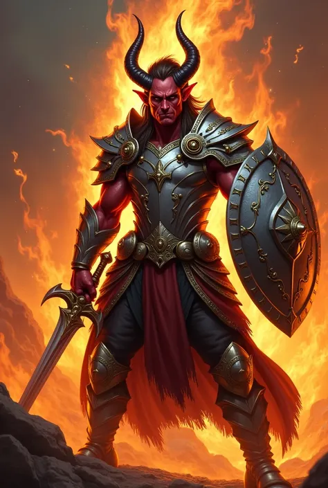 Make a tiefling with horns and slicked back brown hair and red skin color, make him with elegant silver armor and gold details, make him with a sarcastic smile, a shield in one hand and a sword in the other, make it inside the flames