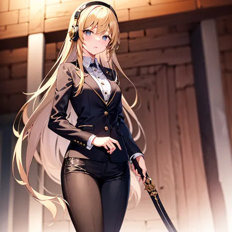 A cute young girl with medium long black soft hair and gold color eyes have calm look wearing black worker office suit and black pants while holding a indigo long sword point to ground with bleeding bandage on left arm with headphones and black crown halo ...