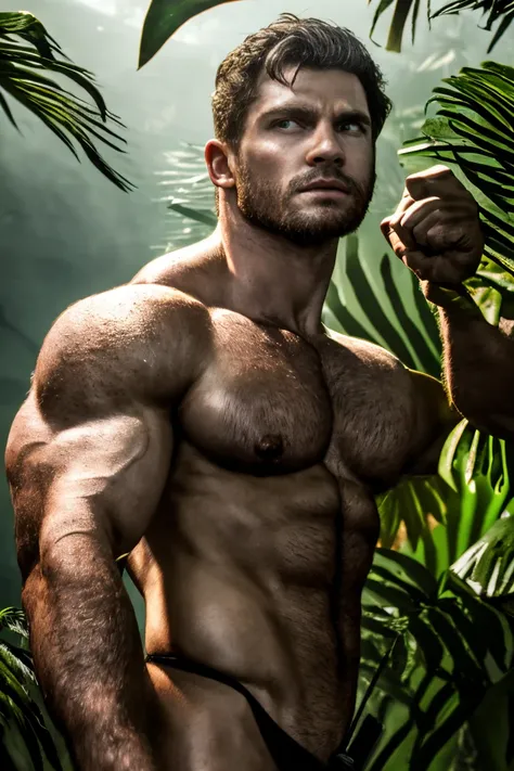 a muscular man, shirtless, in the jungle, vine-swinging, chiseled abs, defined muscles, rugged features, intense gaze, messy hair, wearing loincloth, adventurous pose, dramatic lighting, cinematic composition, photorealistic, highly detailed, 8k, unreal en...