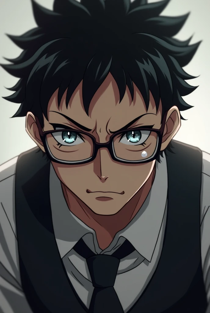 A muscular 2 anime man, black hair and glasses. Tired look with dark circles, a scar on the right eye. Black eye color with a small round white pupil and another star-shaped white pupil. elegant dress with vest and tie facing forward at mid-body 