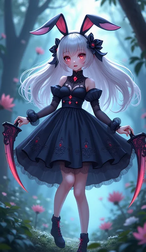 Kawaii beauty Elin Reaper in a gothic dress holds a pair of combat scythes, cuteness, in a fairytale forest, anime, big beautiful shiny eyes, Long eyelashes, rabbit ears and tail