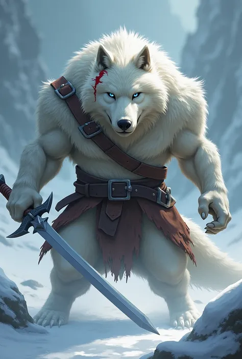 An anthropomorphic arctic wolf adventurer defending with a Sword while bleeding lightly from his head