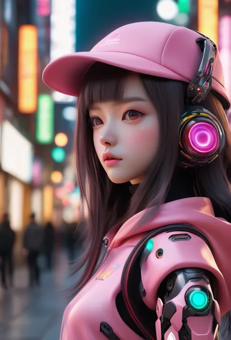 3D foto realistik HDRI cyborg robot wanita belong hair dengan wajah putih, wearing a pink hoodie jacket,long hair,and wearing a hat ,is shooting, The robot is made of a mixture of black carbon fiber and LED strips formed from a series of hexagonal triangul...