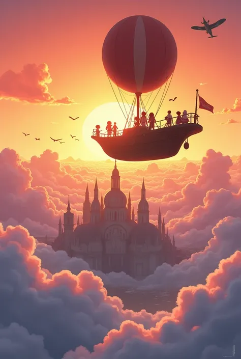 Ghibli style、In the sky colored by the sunset、A ship floating in the air with a giant balloon、Heading to a beautiful sky city above the clouds。The city above the clouds、A row of white stone buildings、Small planes and birds fly in the sky.。On the deck of th...