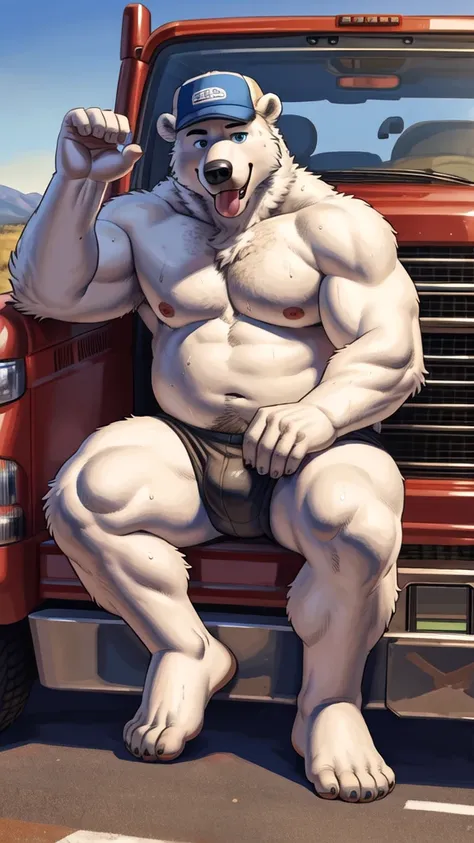 polar bear , dad , truck driver , trucker hat, chubby by rossciaco, by adios , blue eyes, dad , white socks five toes feet , nude, high detail, sweating , jock strap,by meesh,highly detailed, realistic, 4k, best quality, masterpiece, vivid colors, physical...