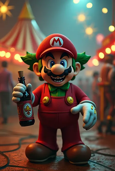 A very crazy Mario inside a circus with a joker face with a bottle in his hand 