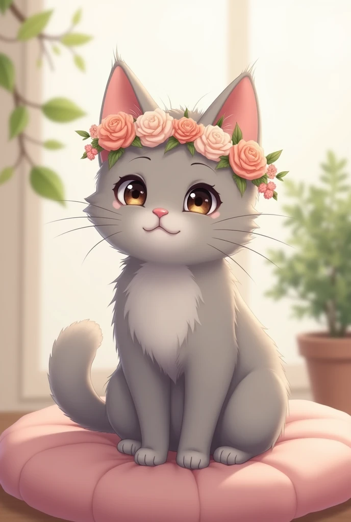 Anime style cute grey cat sitting on cushion and flower tiara on head