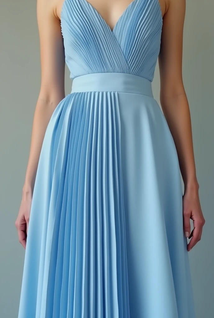 Empire-cut skirt at the lower part of the bust with sky-blue pleating

