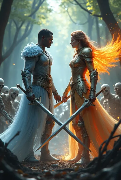 two mens, side-by-side, a black skinned one, shorth hair, armor of frost and the other skin white, brown hair, blue eye, with phoenix armor, the two holding swords in an enchanted forest fighting skeletons and zombies
