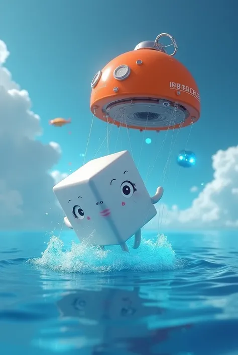 I want a picture of a red-orange float, Rescuing a white animated cube with little arms from the sea; who has a tender face and expressive eyes. 

Make it look like an image in a place with technological advances, and the whole image looks like a blue holo...