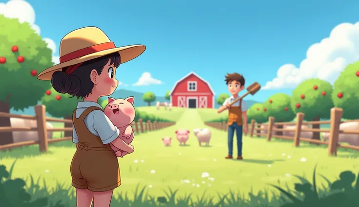 Farm, 2.5D cartoon, anime game wallpaper, A girl dressed as a farmer is holding a piglet, her back to the camera. In the distance there was a young man dressed as a farmer carrying a shovel on his shoulder, his smiling face covered in dirt., Chibi, Large f...