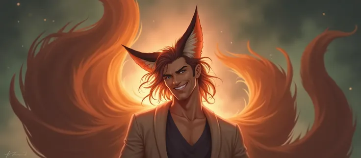 Handsome guy, with a smirk on his face. and long hair. as a nine-tailed fox