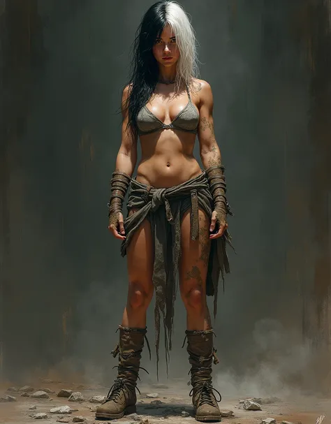 The Simon Bisley style depicts a post-apocalyptic warrior. She is 30 years old, female, and almost naked, wearing short, minimal clothing. Her hair is parted in the middle, and the metade is black and white. The illustration is high resolution, with hyper-...