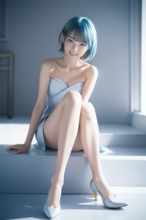 length, Thin legs, Woman with sky blue hair、Sit down、Legs crossed, Tight light blue suit, Dress appropriately, Elegant legs, Wear white high heels，girl, so beautiful, long and Thin legs, 