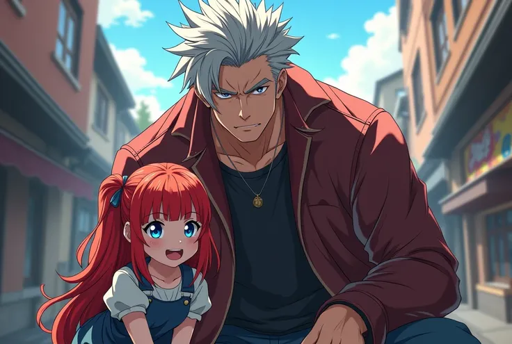 Tall and extremely muscular young man, gray haired in a bad boy style outfit, anime style with her sister who is a small child with straight scarlet hair and light blue eyes who is happy. アニメ.