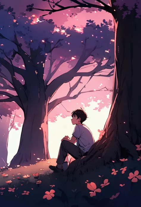 A boy sit  under a tree with beautiful nature bright lighting sky