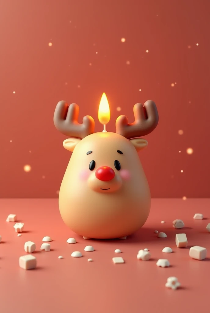 3D modeling of a cute Rudolph the reindeer candle in Sanrio style, featuring a round, chubby body and an oversized red nose. Rudolph’s antlers are thick and slightly rounded for a soft, playful look. His eyes are large and adorable, with a simple, smiling ...