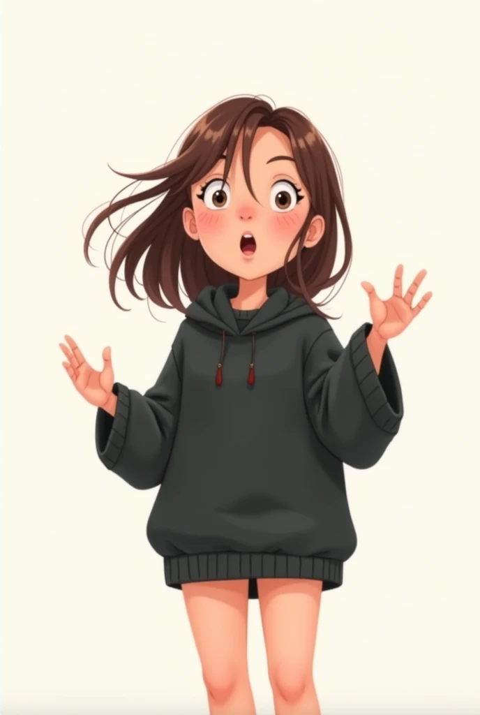 Girl with brown hair and a long black sweater without pants explaining something, animated without background