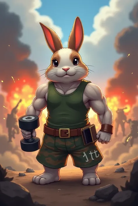 Dragon Quest style finish。Holland Lop Eared Rabbit with both ears fully drooping　Light Broken Brown、Body is white、Wearing a camouflage tank top、The body is muscular and well-trained.、On the trouser belt「JTt」it is written like this、A fierce battlefield with...