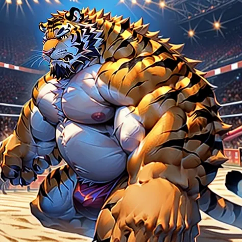 a close up of a Tiger wrestling a man in a ring, Tiger_beast, Macho pose, NSFW version, anthropomorphic Tiger, In the middle of the arena, Strong and ferocious, tony the Tiger, Complex fighting pose, In the Arena, Profile photo 1024px, Powerfully々And, Stro...