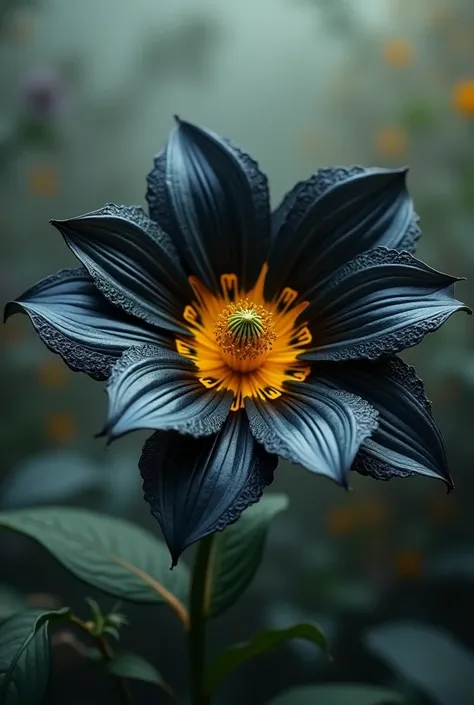 A yellow flower with black petals
