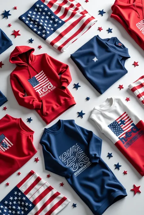 "Create a bold and modern cover image for an online clothing store called RedWhiteStyle. The design should include representations of T-shirts, sweaters, and other apparel, all with an American patriotic theme. Incorporate red, white, and blue colors along...