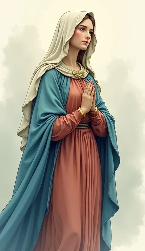 (((Hand-drawn style, Watercolor))), Beautiful Virgin Mary, slim, Reddish brown tunic, Blue cloak, White Veil