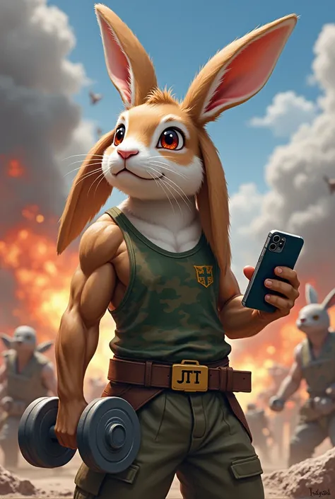 Dragon Quest style finish。Holland Lop Eared Rabbit with both ears fully drooping　Light Broken Brown、Body is white、Wearing a camouflage tank top、The body is muscular and well-trained.、The belt on his trousers says JTt、A fierce battlefield with explosions、In...